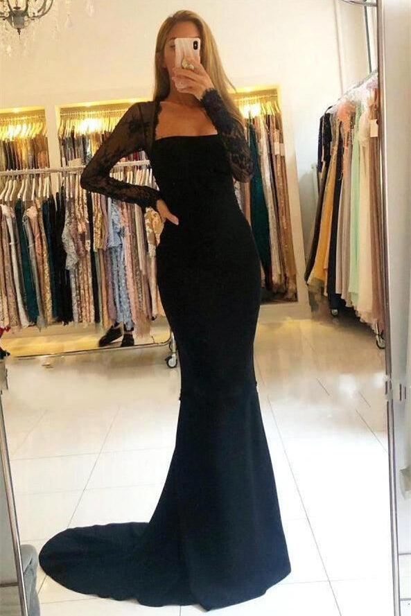 Weitese Dress Long Sleeves Mermaid Black Party Dress Square Neck Lace Open Back Prom Dress